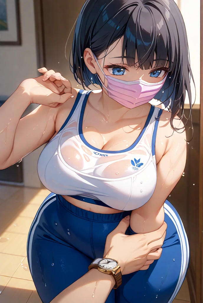 1girl, natural lighting, masterpiece, highly detailed, illustration, game CG, absurdres, high quality, aichan, large breasts, blue eyes, beautiful detailed eyes, short brown hair, side braid, (tape gag), (tape bound), (arms bound), (legs bound:1.2), eyes wide, shocked, surprised, collarbone, sitting, (knees bent), gym, exercise clothes