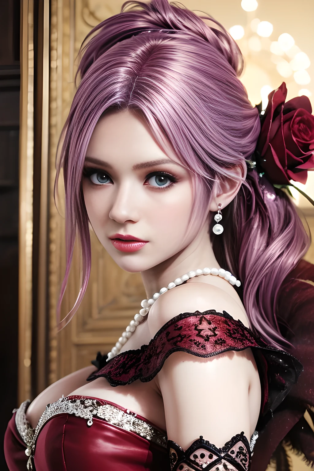 First-person perspective,1 girl,Alice,(Wearing an ice crystal embellished dress:1.5),(Rose),go downstairs,jewelry,tattoo,at night, full_moon,(((red lips))), Lips slightly open, lustful smile, lustful, (((sexy pose))),clavicle,charming figure,Charming cleavage,(masterpiece:1.5), (best quality:1.35),(Reality:1.4), detailed,8K,computer graphics image processing,detailed头发,,expressive eyes, perfect face, real fingers,depth of field,Similar colors,Warm colors,soft light,low contrast,(Bright color contrast composition),soft shadow,(bright colors:1.3),