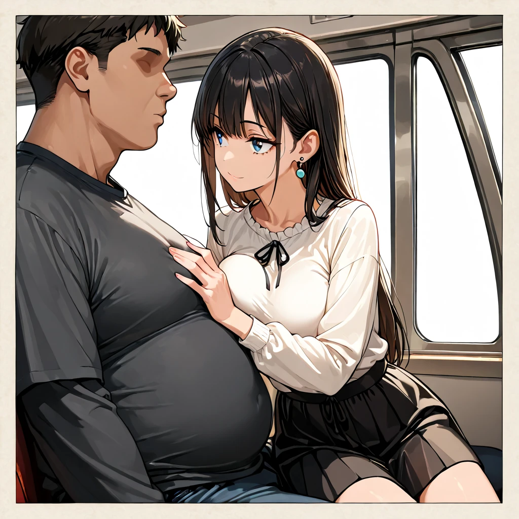 masterpiece, best quality, unity 8k wallpaper, illustration, very detailed, ((sexual harassment, ache, 1 chubby woman ,1 man, first sound)),, sweat, Warmth, Stiff, normal chest ((In the cinema ))(((kiss)))