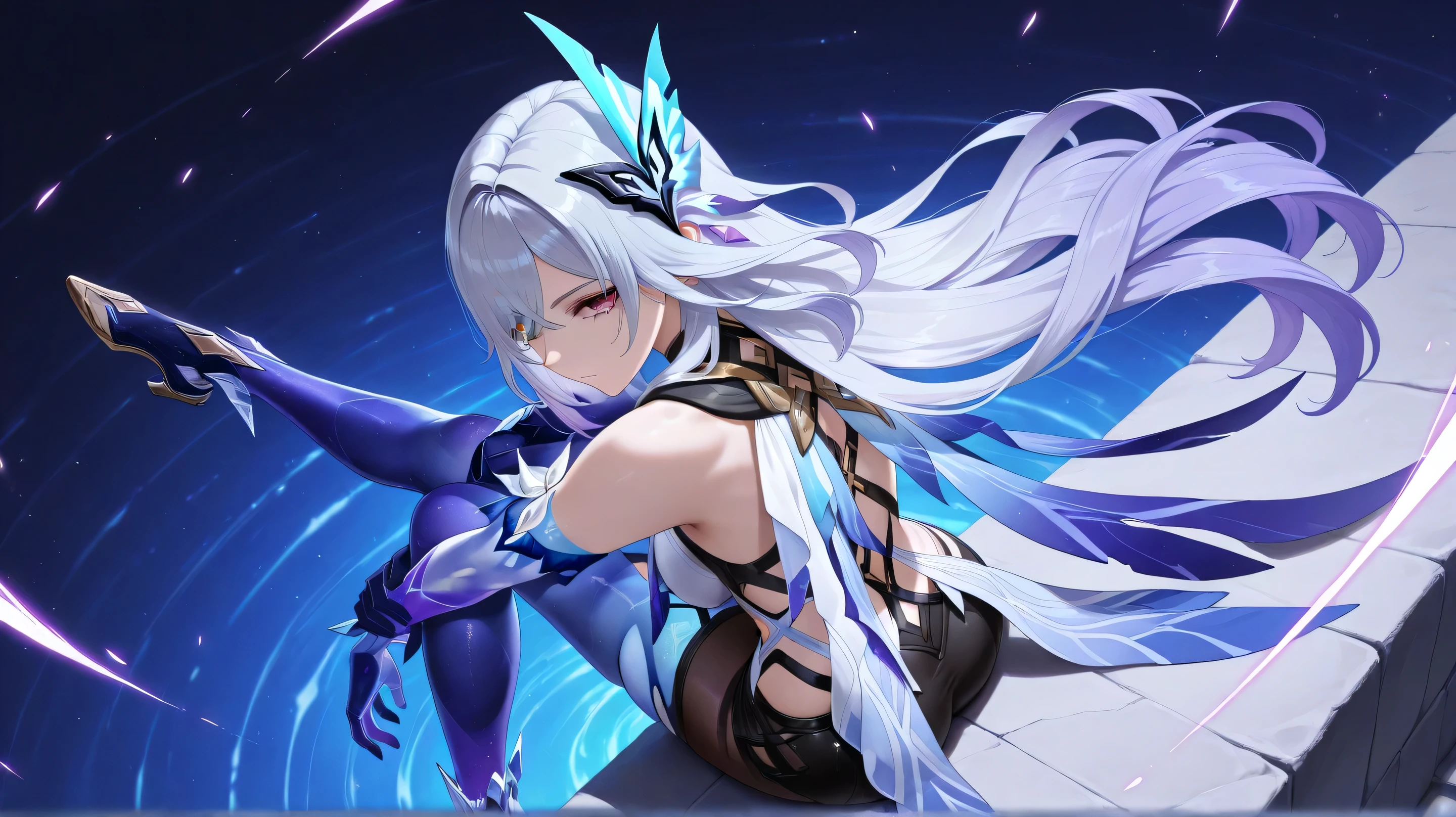 skirk genshin impact, half closed mouth, looking confident, arms on legs, sitting, view from above, view from back, long legs, cross legs, dynamic pose, dynamic angle, masterpiece