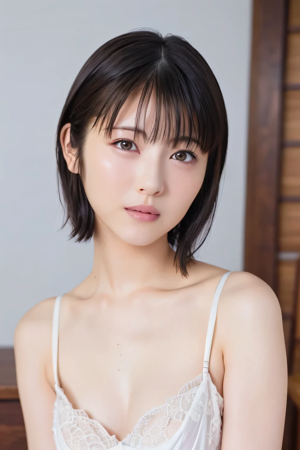 (Super Beauty:1.2), A woman with a clean image, masterpiece, Highest quality, Great Skin, Delicate face, Cool smile, Young Face, Clean look, of、Upper body naked、All nude、Completely naked、((Nipples are visible))、Sparkling eyes, double eyelid, Ample breasts、 ((High resolution)), ((Highly detailed CG Unity 8K wallpapers)), short hair, bangs, An elegant, rounded bob, The face is tilted、Facing straight ahead、 captivating and mesmerizing, Dimly lit room, sentimental、