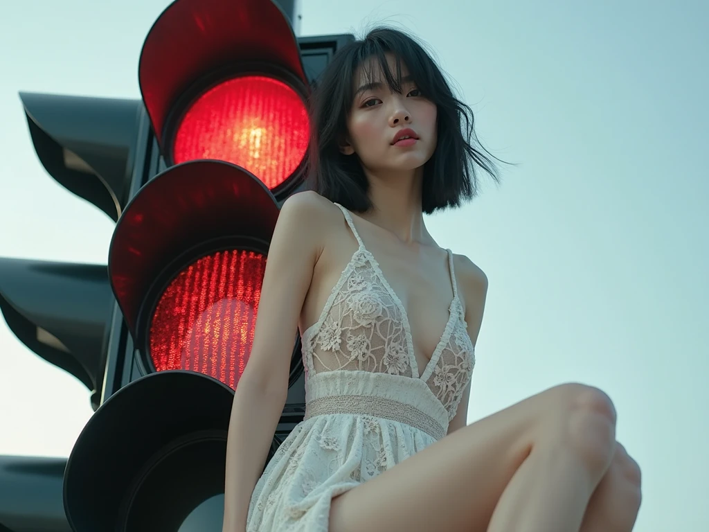 90s flash photo, empty road, Beautiful girl, full body,,White lace panties,