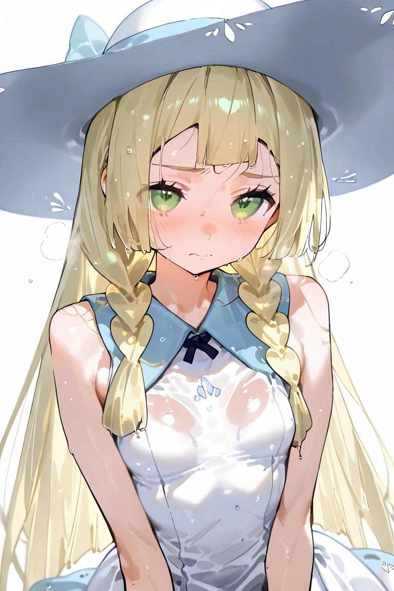 Young girl, wet transparent shirt, yellow hair, green eyes, wet wavy hair, medium sized breasts, double hair tie, lowering her shirt with her hand, spoiled, conceited