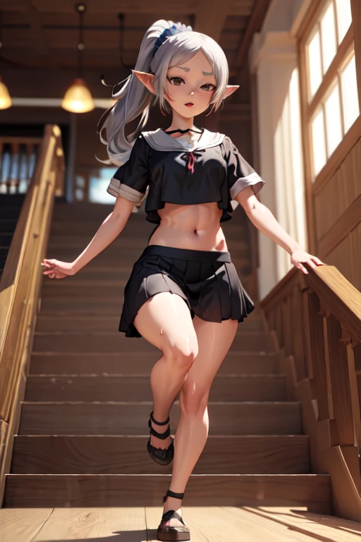 loli, straight hair, garden, full body, sunrise, hand on hip, red bow, skin tight clotyes, midriff, (wide hips:1), :o, shorts, stockings, blue eyes, dark skin