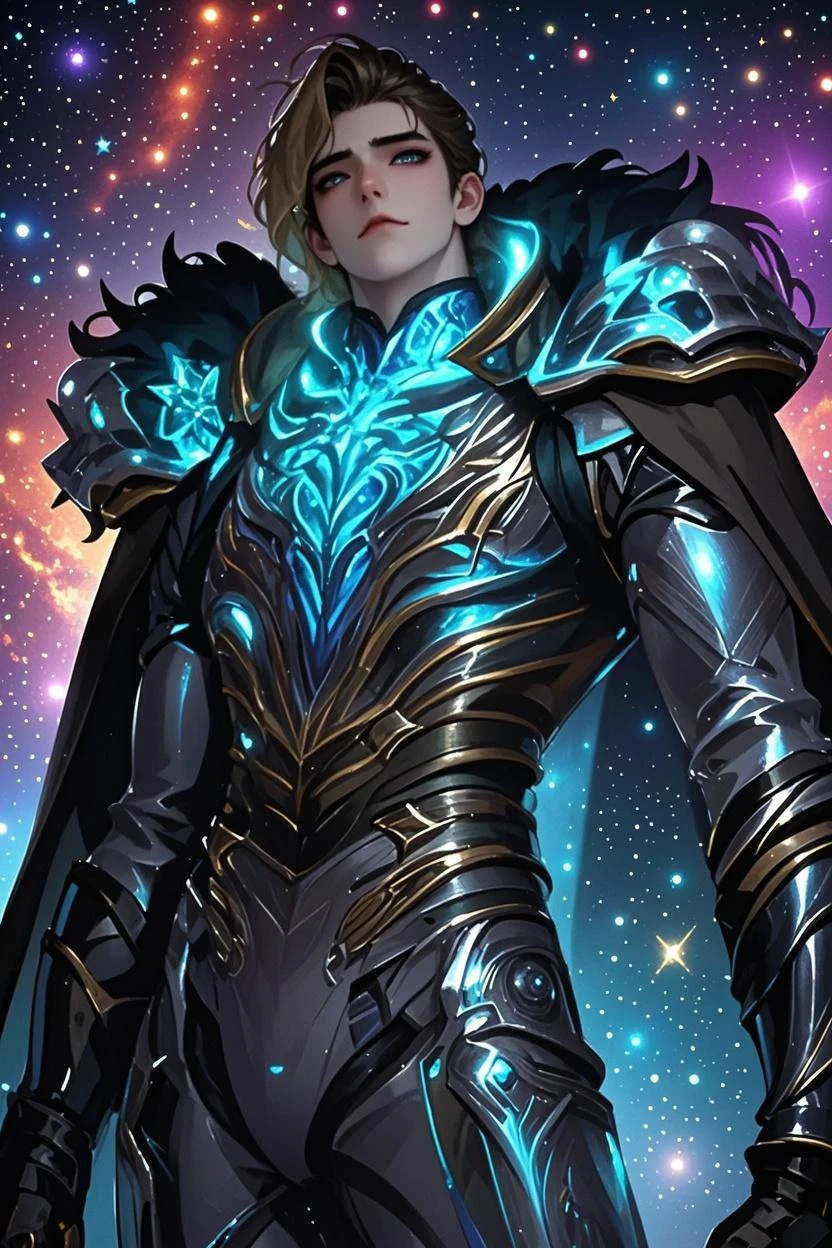 (masterpiece, high resolution, detailed:1.3), a mesmerizing depiction of a (strikingly handsome young man:1.2) donning (wearing transparent see-through futuristic clothes, bulge:1.2), standing against the backdrop of the vast and mysterious cosmos, breathtaking grandeur, LED internal lighting, cyberpunk style, fibre optic hair, glowing blue iris, muscular, best quality, masterpiece, His (toned physique:1.2) is bathed in the soft glow of distant stars, creating an otherworldly aura. As he gazes out into the depths of space, his (intense blue eyes:1.2) reflect the wonder and curiosity of his cosmic journey. The intricate details of his attire and the (subtle gleam:1.2) on his skin are meticulously captured, lending an air of realism to the scene. The celestial expanse behind him is a tapestry of (nebulous formations:1.2), (dazzling galaxies:1.2), and (shooting stars:1.2), a breathtaking testament to the beauty of the universe. This artwork melds the allure of a beautiful man with the awe-inspiring vastness of space, evoking a sense of both intimacy and grandeur. intricate details, dynamic pose, dynamic angle, (surreal), (illustration), ((oil painting \(medium\):1.2)), sharp focus, soft lighting, vibrant colors, cinematic photography, dynamic angle, volumetric lighting, film grain, hard shadows
