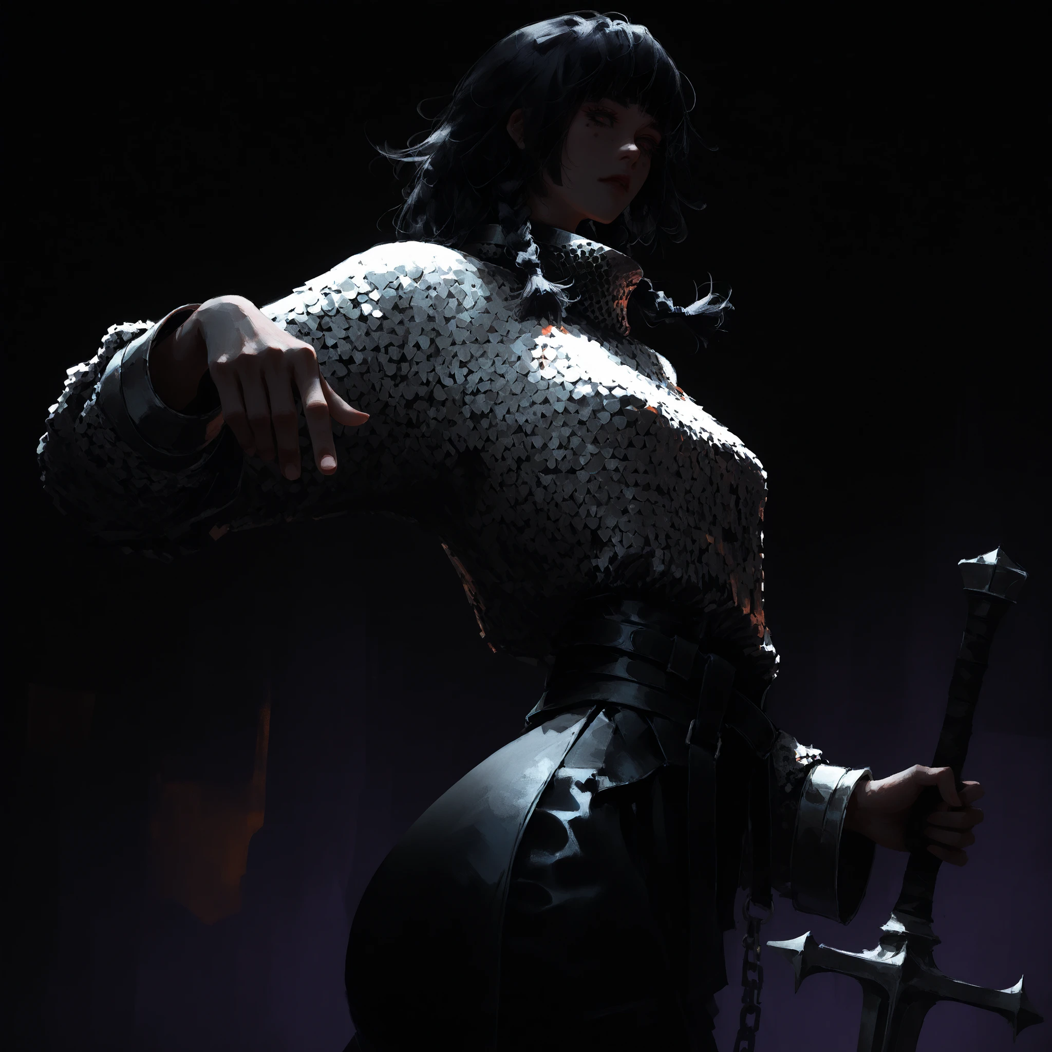 artist: wlop, masterpiece, best quality, illustration, a vampire woman, beautiful woman, European facial features, Caucasian, small breasts, shoulder length black hair, small braids, red irises, detailed face, loose fitting leather pants, female wearing very loose fitting high waist black leather pants with a black belt, and a (thick gray long-sleeved chainmail shirt with a high neck), black leather combat boots and fingerless gloves, tall-looking, fantasy, holding iron sword, perfect anatomy, detailed, lighting, colorful, slim body, fit body, ideal ratio body proportions, tall, Realistic Shadows, regular steel sword, steel sword, normal steel sword, detailed face, detailed eyes, epic, chain mail long sleeve shirt, high neck chainmail shirt, chainmail long sleeve shirt, top fully covering upper body, fully covered upper body, highly detailed, dark colours, cool pose, cinematic portrait, background splash artwork, videogame style background, game style artwork background, illustration style background, cinematic background, cinematic lighting, interesting background, themed background, epic background, melancholic background, dark purple background, detailed background, immersive background, eye catching background, unique background, detailed eyes, Official Art, hand pointing at viewer, hand close up, hand focus, face focus, side view, aerial perspective,
