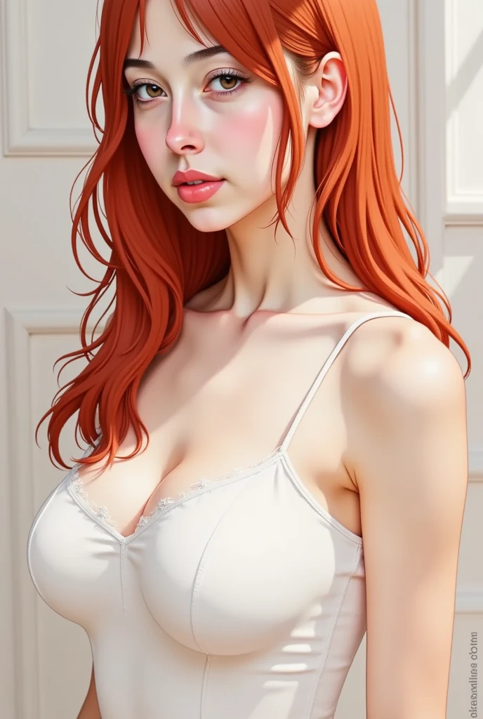 ((best quality)), ((masterpiece)), ((realistic)), (surrealism:1.2), 1 woman, star eyes, blush, perfect lighting, red hair, red eyes, Unreal Engine, side lights, detailed face, forehead, light skin, simple background, dark background,naked,big bust,beautiful body