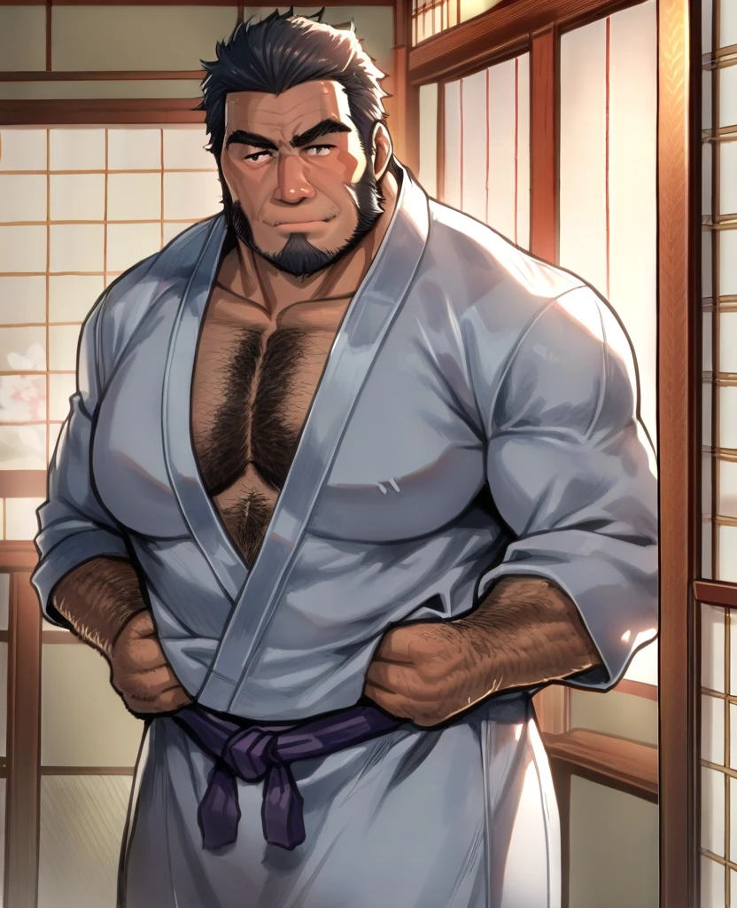 1 man, young middle-aged man, Oni, bright crimson red skin, long pointy ears, little red horns on the forhead, fangs, cute happy smile, square face, solo, muscular, hairy body!!, chubby, belly, tall, giant, hunk, big biceps, big thighs, wide shoulder, facial hair, white buzzcut hair, open chest, wearing a kimono, standing in a wooden house, viewer looking, smirking, high resolution:1.2, best quality, upper body shot, flat style, low camera angle, volumetric lighting, depth of field, shadow, steamy environment
