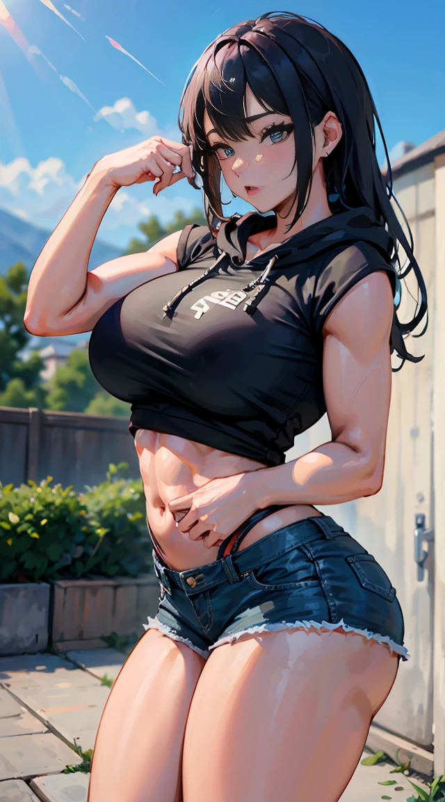 1 girl, muscular, black hair, red eyes, pale skin, solo, medium length hair, curvy, wide hips, thick thighs, very huge breasts, black choker, black crop top, black jean booty shorts, sultry, navel piercing, midriff abs