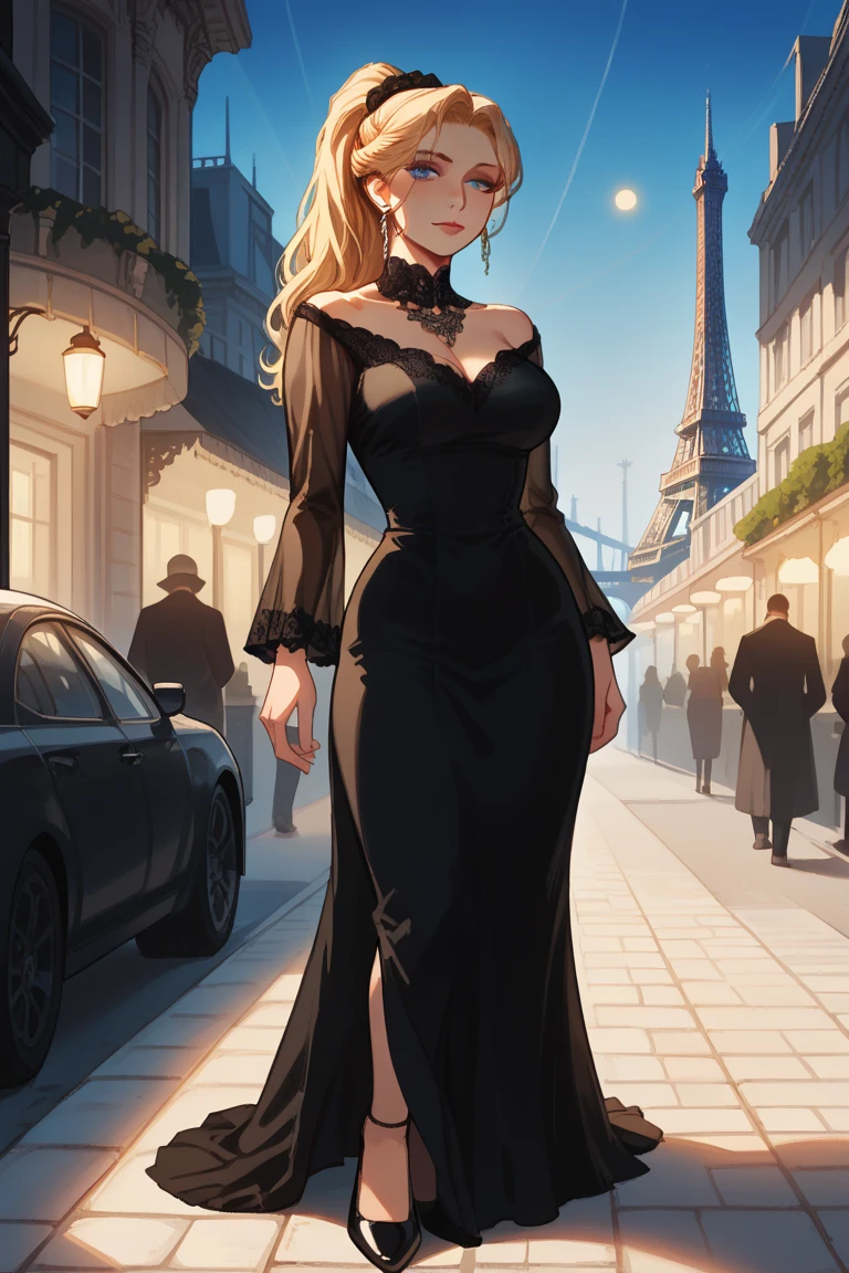 Seductive portrait of a gorgeous young woman with long brunette hair with blonde highlights, Around 23 years old, Big nature , wearing an evening dress, Standing on a lively Parisian street at night. The woman exuded confidence and charisma.、Walking confidently down the cobblestone streets, Her dark blue eyes sparkled with intrigue.. her long, Flowing hair runs down her shoulders, Surrounding her face like a golden halo. The warm glow of the street lights、Highlight the subtle blonde highlights in her brunette hair。, Create a fascinating interplay of light and shadow. The rich breasts are elegantly expressed., Add a sensual touch to your images. The backdrop is a vibrant panorama of Parisian nightlife, people walking on the sidewalk々along with, Chatting in a café, enjoying the vibrant atmosphere of the city. Images are captured in breathtaking high resolution, Expressing a woman's perfect skin in every detail, her delicate locks of hair, The lively streets of Paris. This scene exudes a mesmerizing cinematic quality, Takes the viewer into a world of Parisian charm.