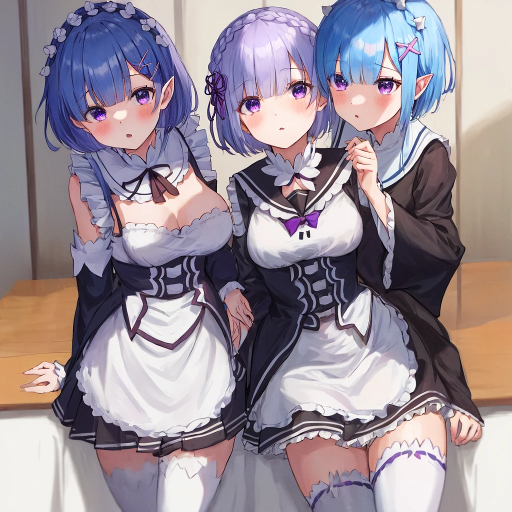 <lora:lambda-000090:0.08>, best quality, ultra fine, <lora:remramemilia:0.25>, 3girls,
BREAK, rem, (hair over one eye:1.2), maid, white thighhighs,
BREAK, (ram, hair over one eye:1.3), pink eye, (small breasts:0.8), maid, white thighhighs,
BREAK, emilia, long hair, hair flower, cleavage, gem, white dress, pleated skirt, wide sleeves, white thighhighs"