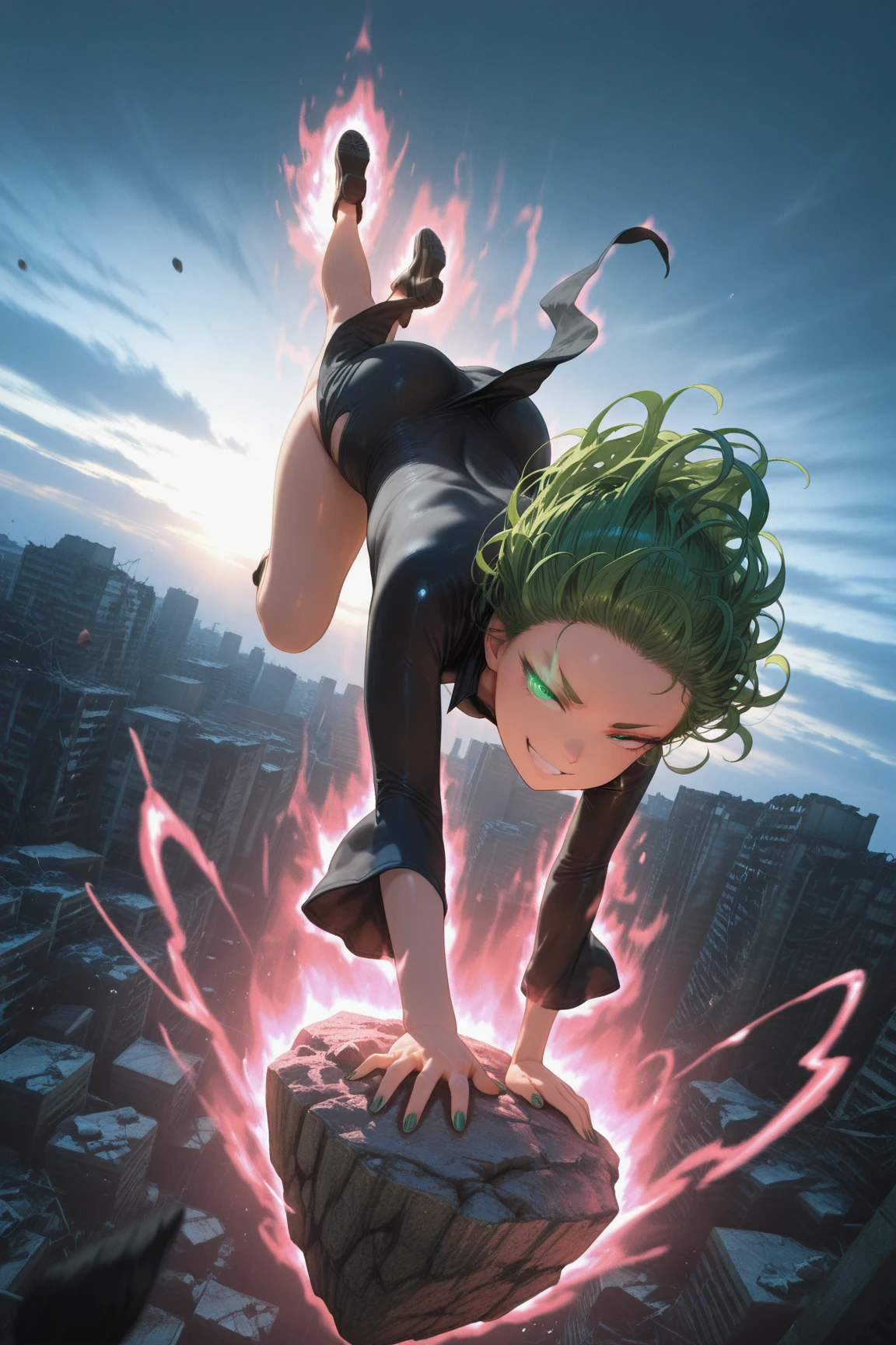 (Mad Magazine cover) Alfred E Newman as One Punch man Saitama in a heroic pose with classic Newman smile, Tatsumaki (extremely sexualized, big butt, big boobs, classic dress) very mad jumping up and down yelling at Saitama, bloody remains of a beast all over the crowd and downtown Tokyo