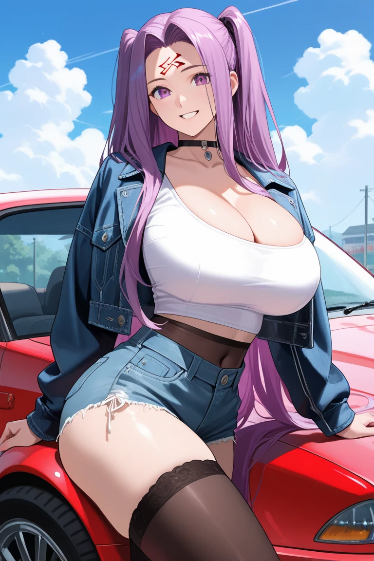 (high quality:1.2), masterpiece, ultra high quality, intricate detailed, digital art, TakashiroHiroko, 1girl, mature female, solo, hand on lips, crossed legs, seductive, tanned skin tone, full body shot, looking at viewer, smile, blush, purple eyes, long hair, red hair, jewelry, velvet choker collar, lace off shoulder white crop top, blue denim micro mini skirt, flip flops, red eyeshadow, curvy, large breasts, cleavage, washing a car, car wash , window, dark sky, sunlight, city, complex background, sunset, (Best quality, Ultra-detailed, Anime Pictures, Game CG, art cg, Photorealistic, Movie lighting, perfect shadow, realistic lighting shaded, Unity 8k wallpaper), Hiroko Takashiro, Perfect eyes, Perfect face, vulgarity, nose blush, detailed feet, view the viewer,Sexy pose,sit on chair, perfect anatomy, complete body, nsfw,