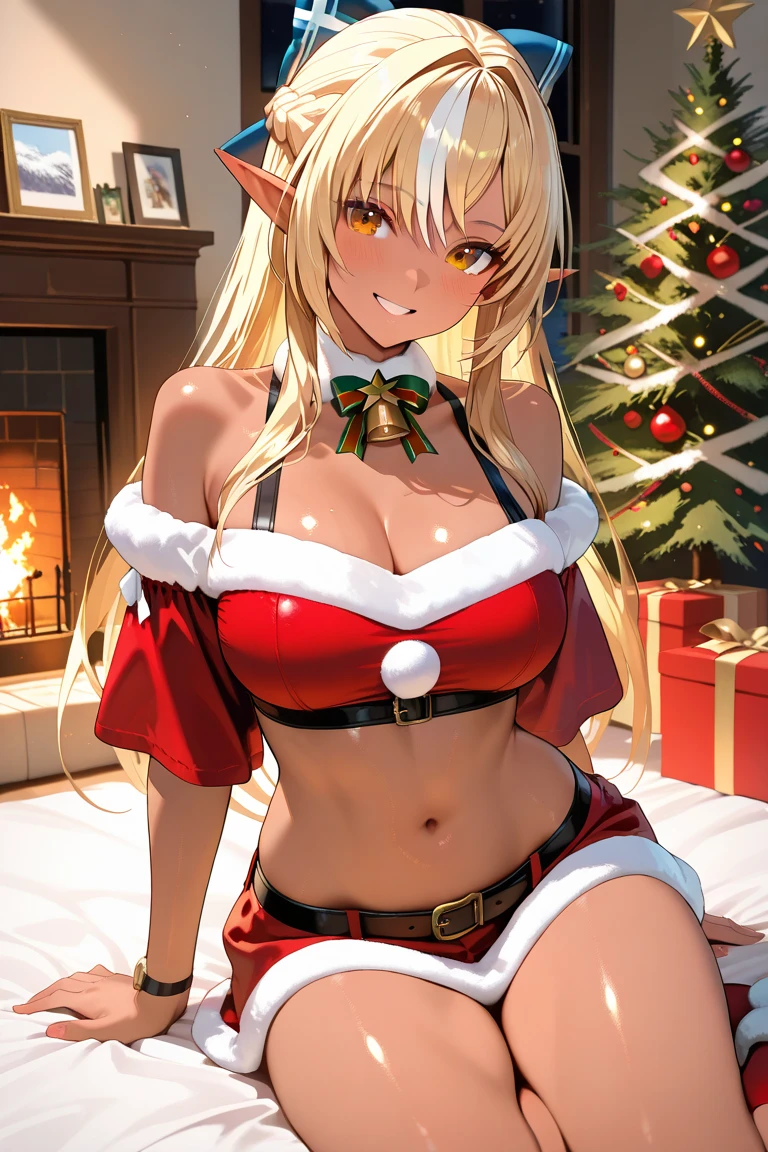 Front Focus, dark elf, 1girl, solo, Best Quality, dark elf santa costume, blonde hair, slim, smart, BREAK,{perfect face, perfect anatomy, intricate, {highly detailed}, {18years old},long hair, BREAK night, santa costume, santa hat, smirk, amber eyes, big breasts, shiny eyes, dark skin, lying on bed, navel, miniskirt,