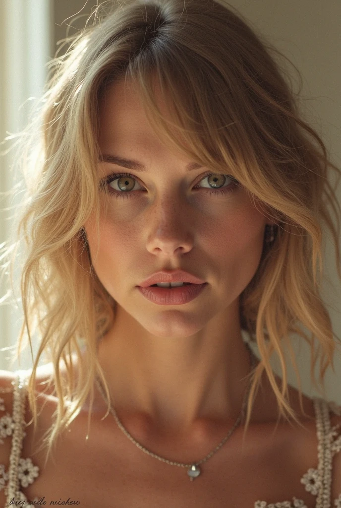 blond woman with short wavy hair, ((wearing black lingerie)), posing for a picture, blonde short wavy hair, short blonde hair, short blond hair, short blond hair, blonde and attractive features, blond bob haircut, a gorgeous blonde, medium short hair, short curly blonde haired girl, with short hair, a girl with blonde hair, short wavy blonde hair with bangs.  ((Deep green eyes, extremely long eyelashes)).  Make-up. Kelly Von East.  EDGBODYL.  Wearing edgbodyl lingerie. 