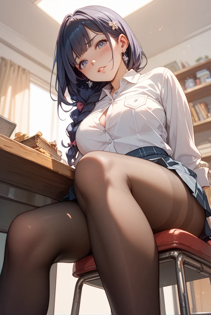 (masterpiece、Highest quality、Very detailed))、One girl、gyaru、Black Hair、Long Hair、Wavy Hair、Grey Eyes、evil smile、((open mouth))、((lots of piercing))、((Large Breasts))、((White collared shirt))、A bow tie、((Black pleated skirt))、((white buggysocks))、loafers、squatting、Take a picture from the side、Classroom Background