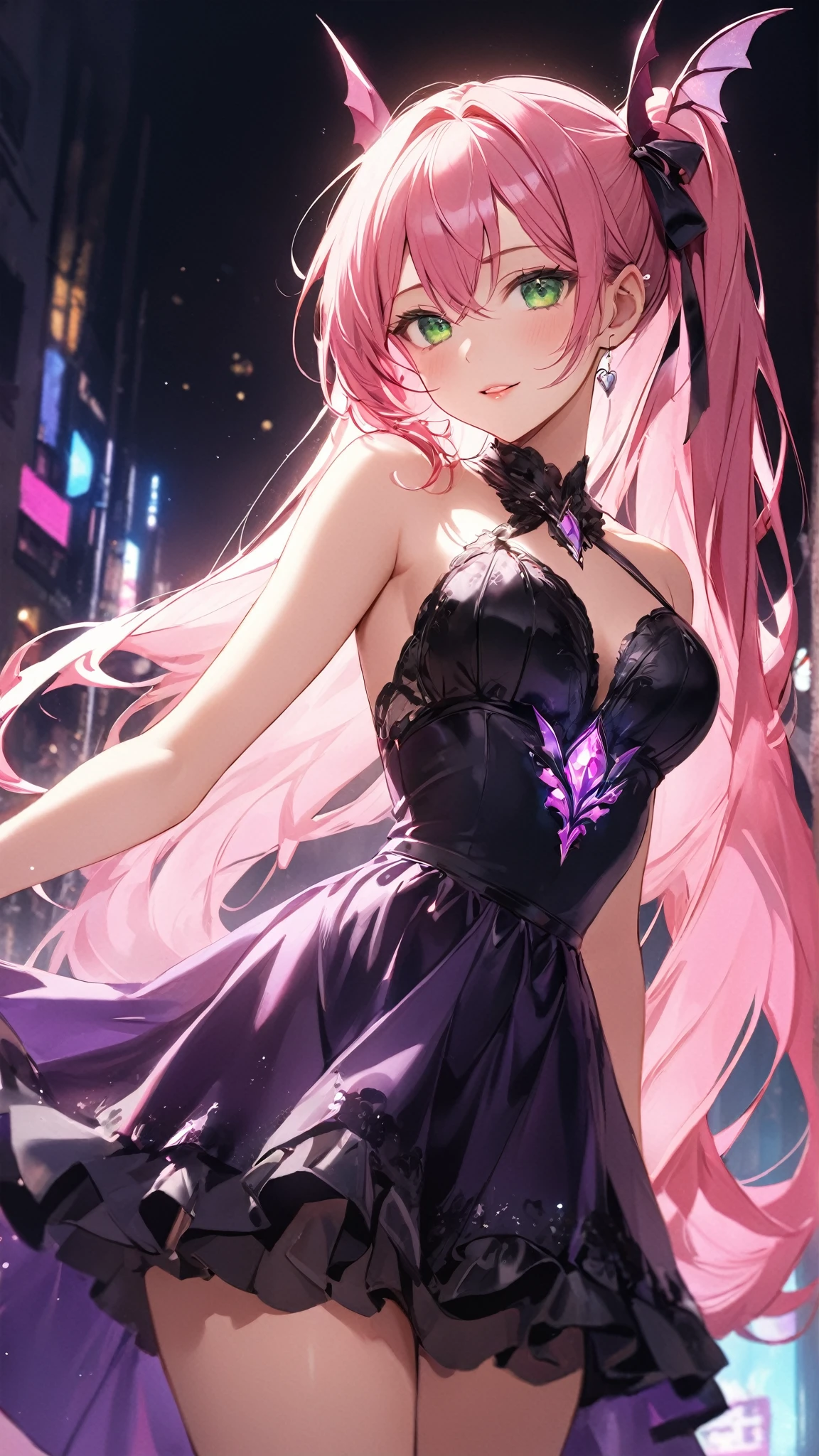 A young woman with long, vibrant pink hair wearing a black lace dress against a colorful, neon-lit background