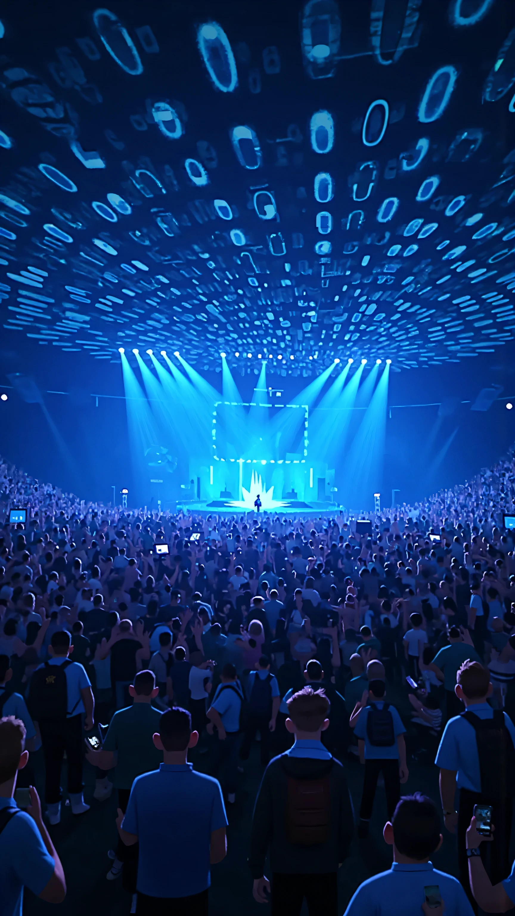Large Panorama,wide-angle overhead lens,Huge indoor stadium,Thousands of blue LED lights swaying,Overlooking the concert enthusiastic audience,Holographic stage shines in the distance,Immersive concert atmosphere, illustration style