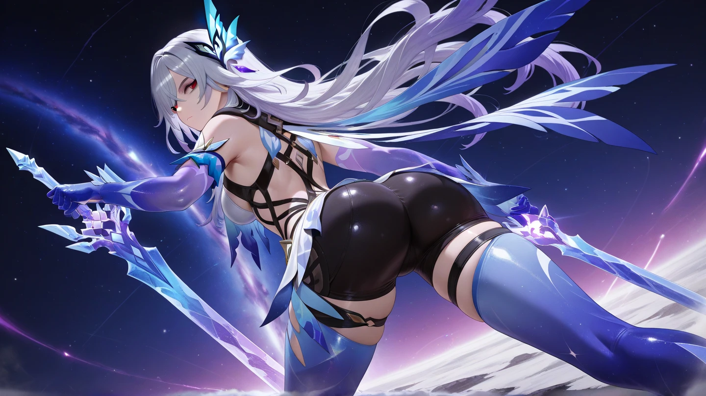 Realistic,Highest quality, Ultra Detail, High-quality CG rendering, The most delicate and beautiful, Floating softly, High resolution, (1 giant girl), (Highest quality,4K,8k,masterpiece:1.2), Light purple hair,(Bunny ears:1.5),(Very long ponytail:1.5),Red eyes,(Ultra Girl:1.0),(All blue Ultraman bodysuit:1.5),(All blue gloves:1.5),(Blue shoes:1.5),(Do not expose your skin:1.6),(Slightly larger breasts:1.2),(whole body:1.3),(Are standing:1.3),(Plain surrounded by rocks:1.3),(Brown sandy ground:1.3),(Fighting Pose:1.3),(sweating:1.3),(Wounded:1.3),(Brown mud stains:1.3),(Turn your back to your audience:1.3),Butt