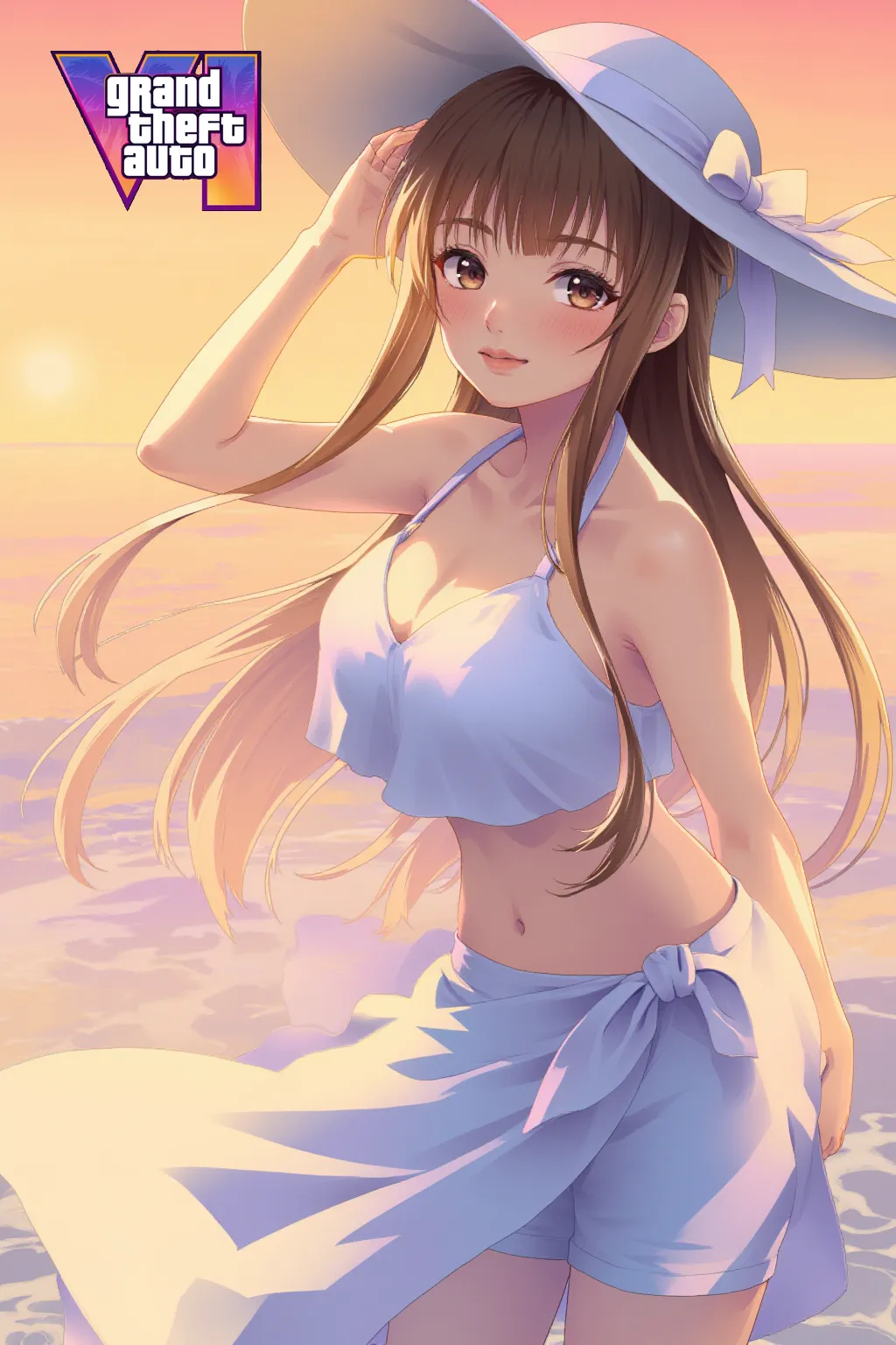 satin, silk, ((pink panty)), (High quality, High resolution, Fine details), setting sun, Backlight, A straight stretch of railroad track, White Dress, White Hat, solo, curvy women, light brown hair, sparkling eyes, (Detailed eyes:1.2), smile, blush, Sweat, Oily skin, shallow depth of field, Fantastic