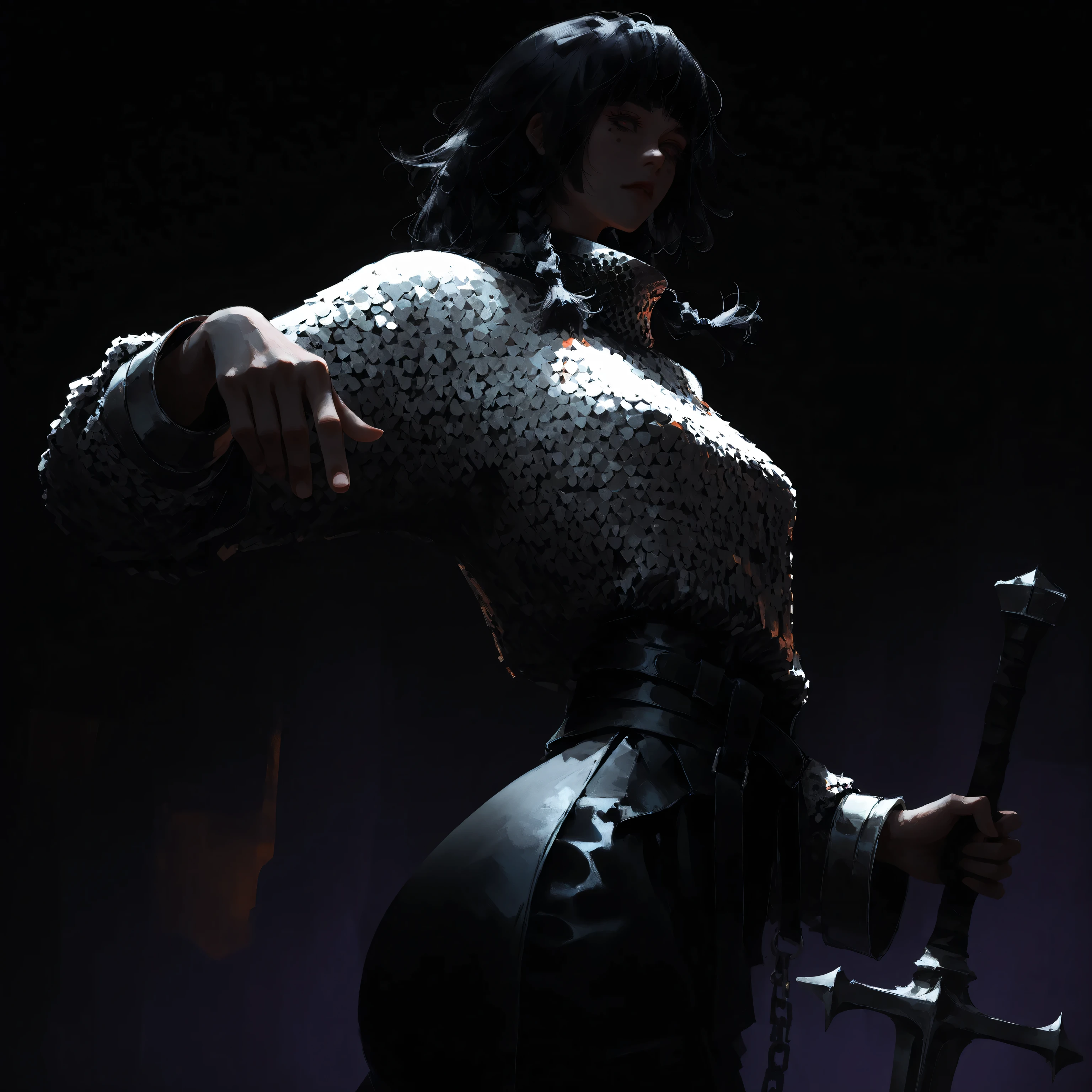 artist: wlop, masterpiece, best quality, illustration, a vampire woman, beautiful woman, European facial features, Caucasian, small breasts, shoulder length black hair, small braids, red irises, detailed face, loose fitting leather pants, female wearing very loose fitting high waist black leather pants with a black belt, and a (thick gray long-sleeved chainmail shirt with a high neck), black leather combat boots and fingerless gloves, tall-looking, fantasy, holding iron sword, perfect anatomy, detailed, lighting, colorful, slim body, fit body, ideal ratio body proportions, tall, Realistic Shadows, regular steel sword, steel sword, normal steel sword, detailed face, detailed eyes, epic, chain mail long sleeve shirt, high neck chainmail shirt, chainmail long sleeve shirt, top fully covering upper body, fully covered upper body, highly detailed, dark colours, cool pose, cinematic portrait, background splash artwork, videogame style background, game style artwork background, illustration style background, cinematic background, cinematic lighting, interesting background, themed background, epic background, melancholic background, dark purple background, detailed background, immersive background, eye catching background, unique background, detailed eyes, Official Art, hand pointing at viewer, hand close up, hand focus, face focus, side view, aerial perspective,