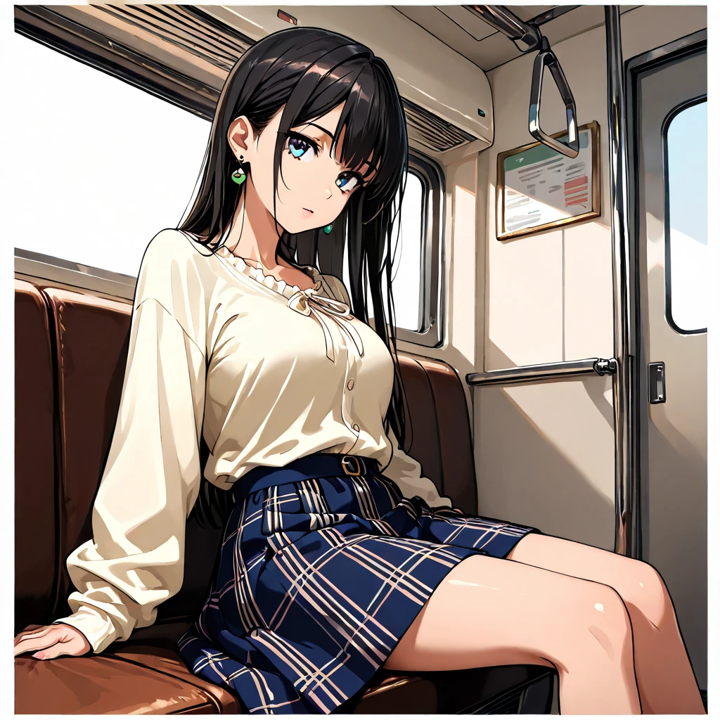 (1) Sitting alone on a long seat in a train,Sit with your legs apart,Showing white panties, Composition from the front,Low - Angle,
(2) I'm a high school student., She is wearing a uniform consisting of a miniskirt, sailor suit and loose socks.,
(3) I have medium length brown hair,
(4) The expression is provocative and smirking.,
(5) The location is a long seat on the Yamanote Line at night.,There are no other customers,The view outside the window is the night view of the city