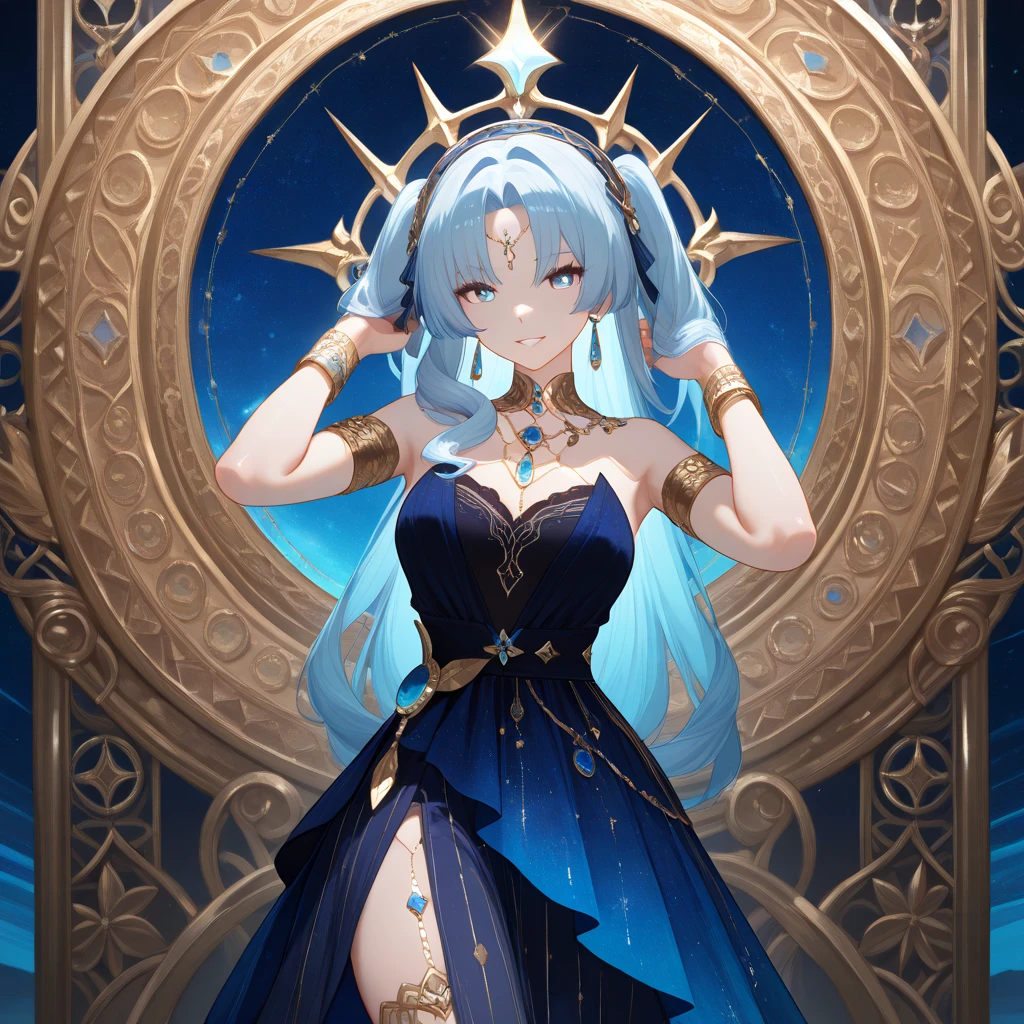 ((Highest quality)), ((masterpiece)), (detailed), One girl, Idol girl in a dress, ((Do not cover your head)), Dark blue eyes, Magical girl, Large Breasts, Short layered skirt,sexy