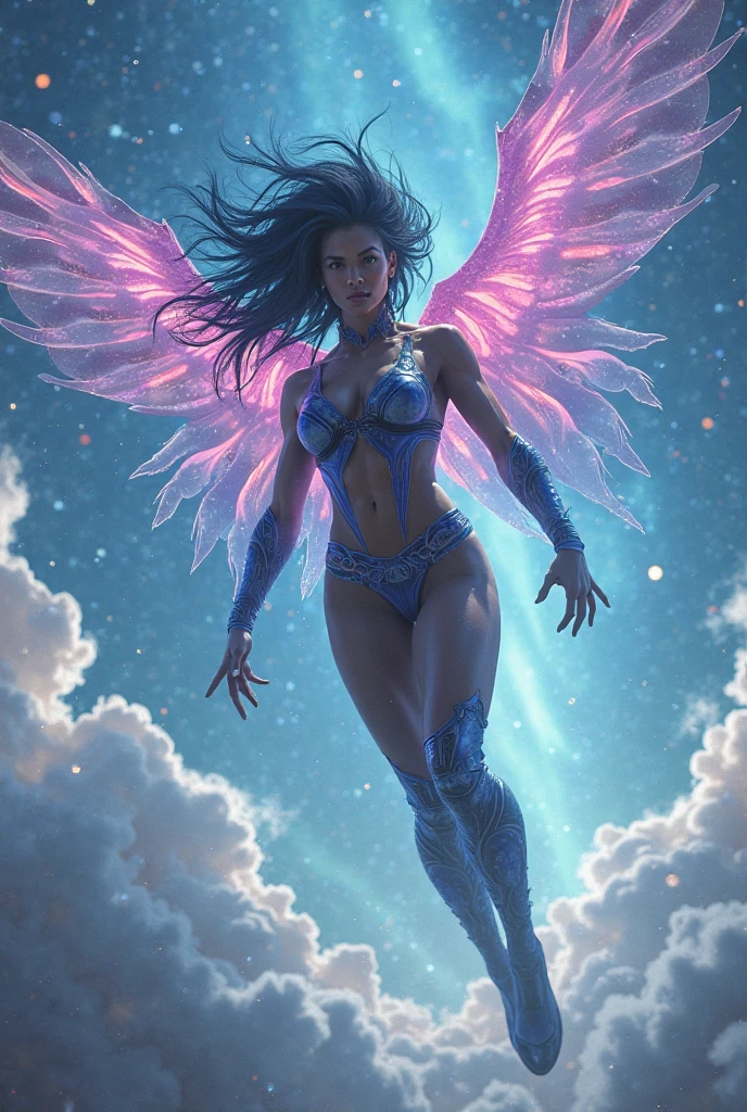 Craft a pixel art marvel showcasing a fairy crackling with thunderous energy, her form illuminated by the raw power she wields. With lightning coursing through her veins, she exudes an electrifying presence, her wings ablaze with pulsating bolts of energy. Vibrant hues of blue and white intertwine with her ethereal form, creating a captivating spectacle. With a determined gaze, she surveys the landscape below, her thunderous powers ready to be unleashed upon any who dare to