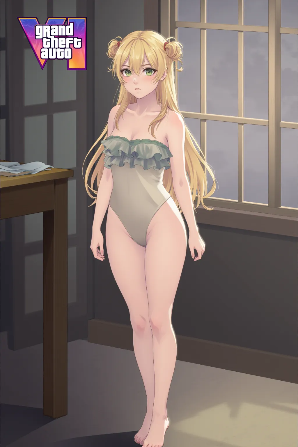 Masterpiece, highest quality, High resolution, hayasaka ai, Blonde Hair, blue eyes, Long Hair、Side Ponytail, whole body, Hair between the eyes, nude,Very delicate body,Flat Chest、