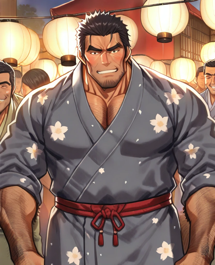 best quality, masterpiece, super high resolution, detailed background, realism, Illustrations, single, 1 boy, muscle, volumetric lighting, depth of field, facial hair, samurai, (crew cut), bed, black clothes