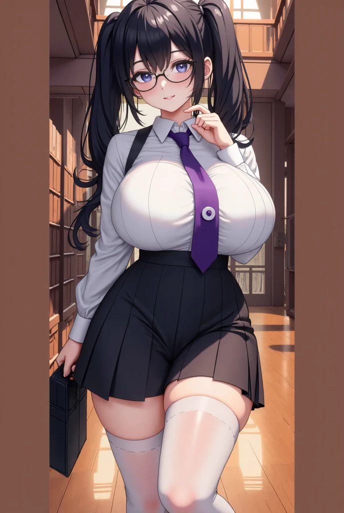 (library)、Super detailed illustrations、Super precise expression、masterpiece、highest quality、ultra high resolution、high resolution、(Sweat、body fluid)、shiny skin、(black hair、long hair、Braid、glasses)、shirt、Standing picture、skirt、hands behind, wearing bikini