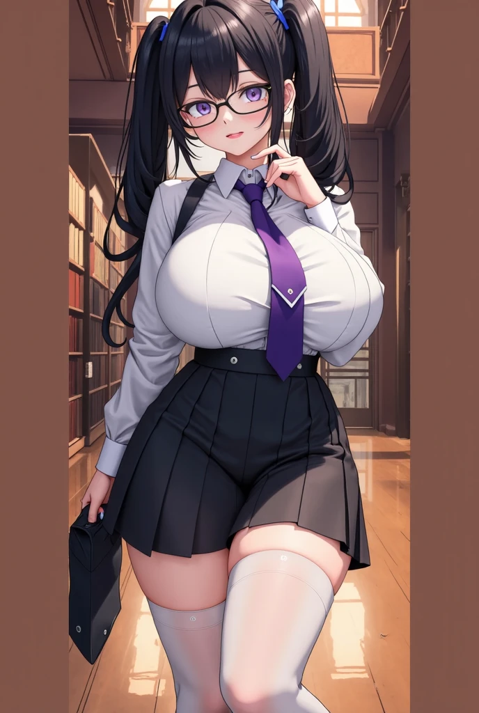 Black hair, twin tails, wavy hair、Girl、Glasses、Huge breasts、glamorous、Thick thighs、Formal Shirt、Purple short tie、(Take off the black pleated skirt:2.0、Purple low rise panties:1.5、Camel toe:1.5、Absolute area、Black knee-high socks and garter belt)、Lying in bed、Shooting from behind、looking at the camera、Close up on crotch:1.5、NSFW、Ecstatic face、Climax face、Prostitute、Bitch、