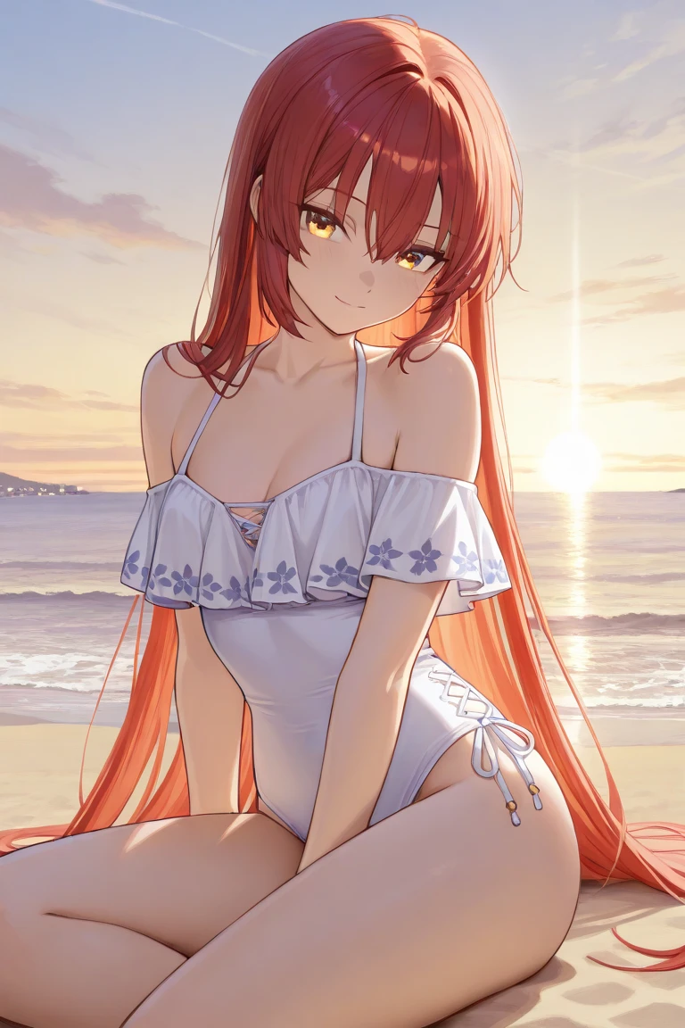 masterpiece, rich colors, Best quality, detailed, high resolution, Hyper quality, high detail, , high quality, detailing, skinny sexy girl on the beach , bright lighting , green eyes, Anime, palm trees, bright lighting, redhead,