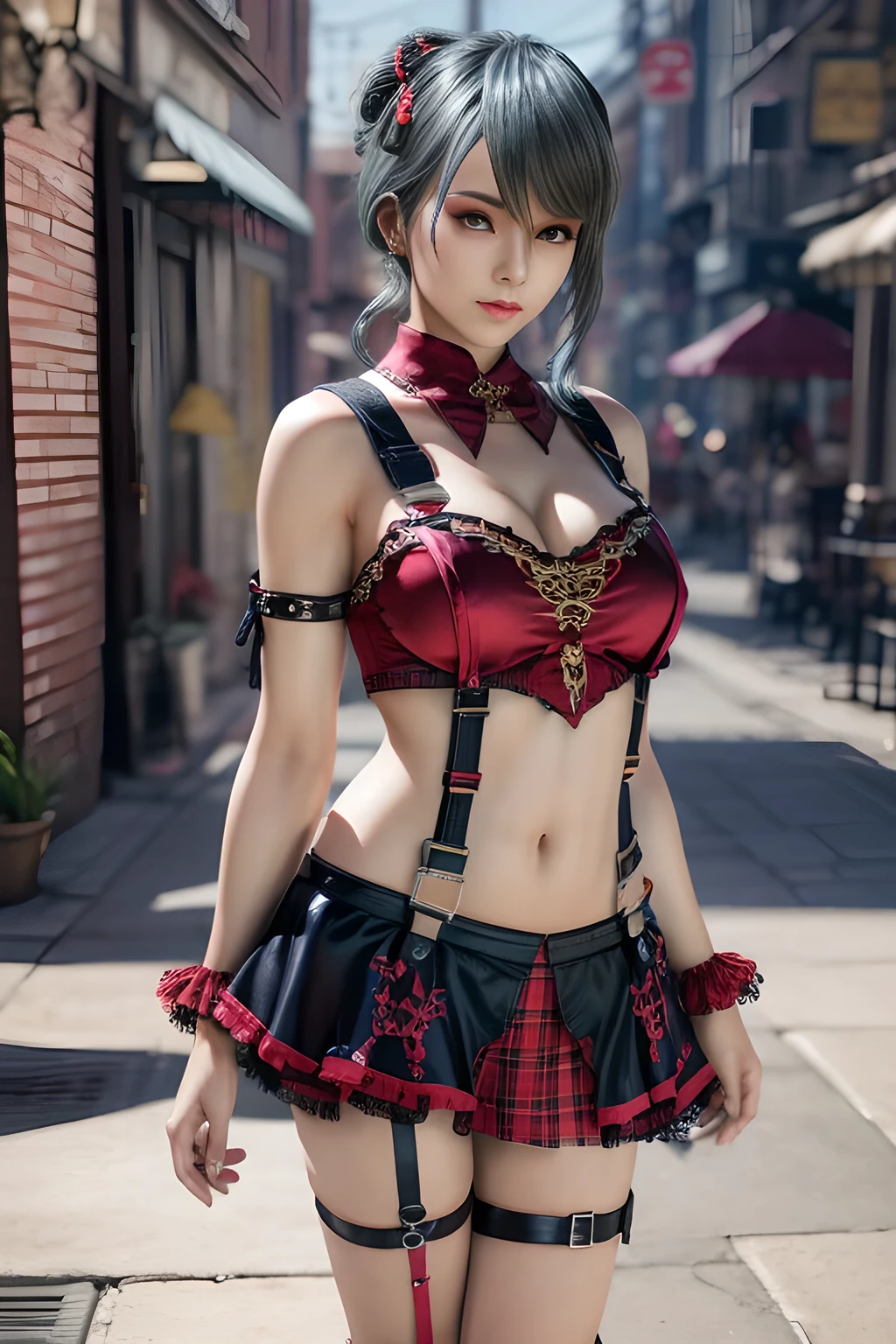 1girl, BREAK (Royal:1.4), (red and black theme:1.5), ((red) bucket hat with rose corsage:1.4), (fusion of black high neck crop top and latex (red bustier):1.4), ((floral lace, see-through):1.3), ((sleeveless, bare shoulders):1.3), (red tiered skirt with black ruffles:1.4), ((ultra long gloves) with floral lace:1.3), (wrap a (cat garter) around thighs:1.4), , appealing cleavage,( beautiful tattoo:1.2), overhead view, beautiful detailed eyes, beautiful detailed lips, extremely detailed eyes and face, long eyelashes, feminine charm, detailed texture, snug fit, fashionable, soft fabric, radiant skin, (best quality,4k,8k,highres,masterpiece:1.2), ultra-detailed, (realistic,photorealistic,photo-realistic:1.37), tamaki