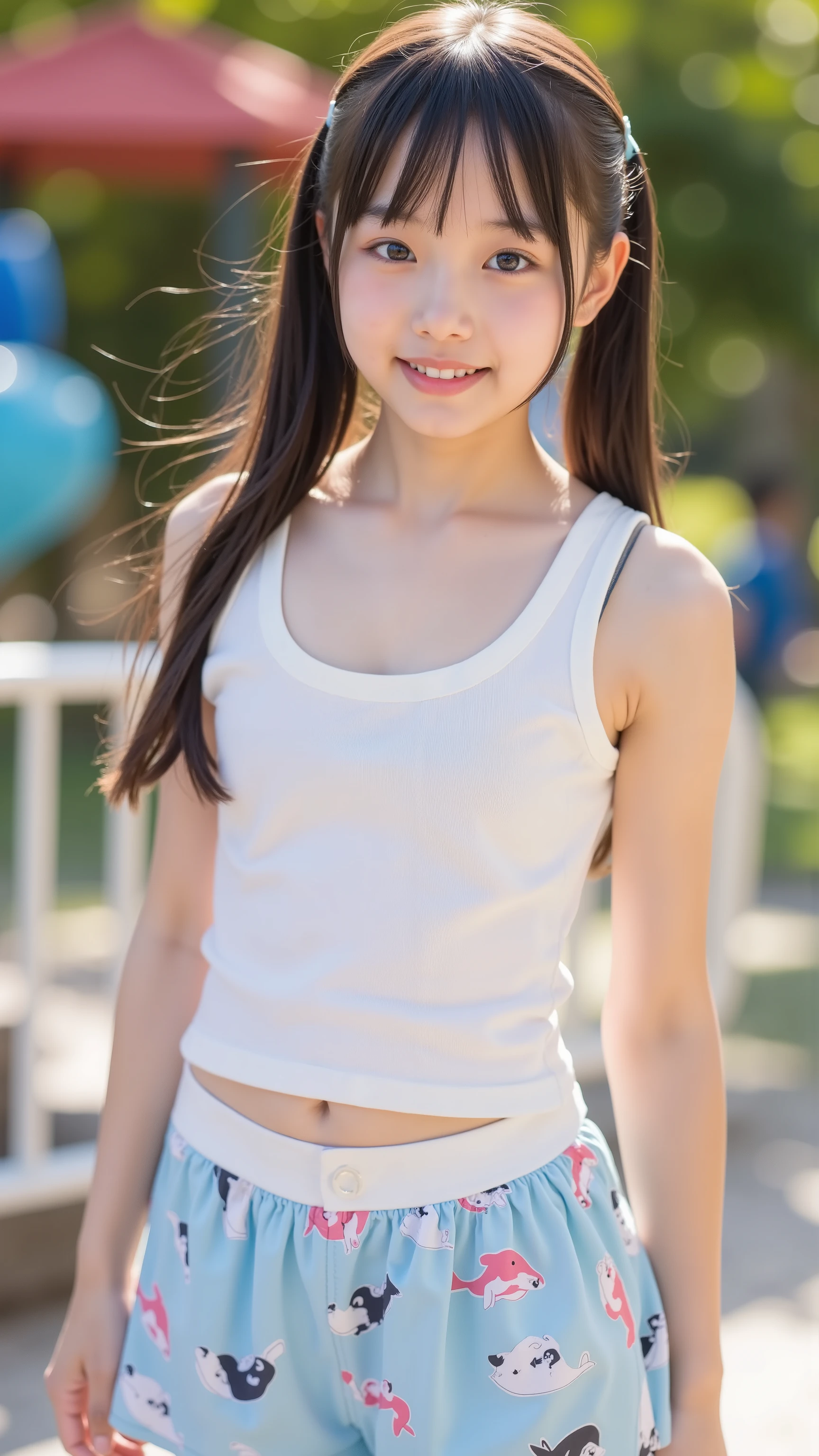 、Tank top、mini skirt、Fluffy long hair、Neat and clean dresses,sea,smile、