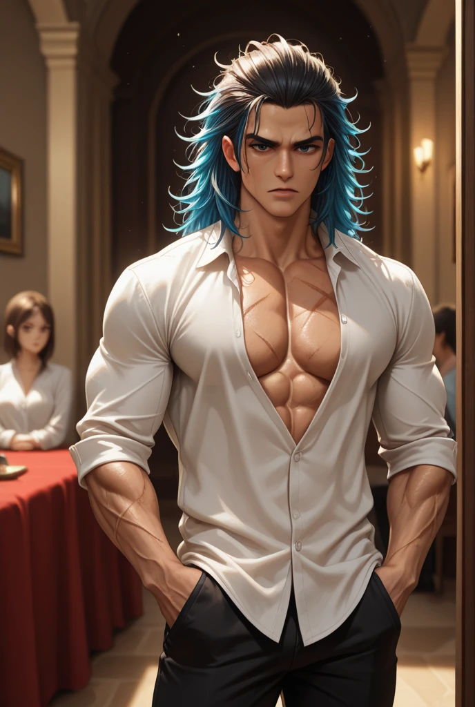 A beautiful anime, blue hair, dark blue hair, cowboy shot, atmospheric perspective, depth of field, reflection light, UHD, masterpiece, ccurate, anatomically correct, textured skin, super detail, high details, high quality, award winning, best quality, highres