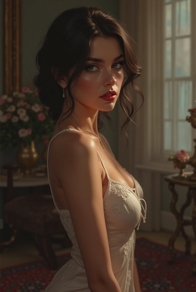 topless, black and white photo, greyscale, vintage, old picture, (best quality), (masterpiece:1.2), (realistic), ultra-detailed, 1girl, topless:2, teen, showing tits, small tits, , wearing lingerie, 18 yo, very sexy pose, alluring female, seducing pose, seducing the viewer, garters, black lingerie, legs, full body, alluring face, beautiful detailed eyes, full body, garters, sexy legs, realistic skin texture, attractive face, braidings, black hair