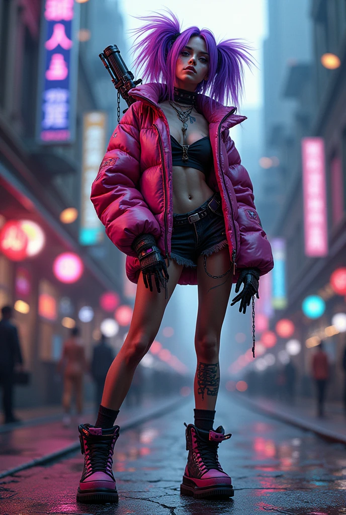 there is a femboy trans male standing on the street in a pink top, in cyberpunk city, cyberpunk femme fatale, in a cyberpunk city, standing in a city street, gothic city streets behind her, at a city street, at a cyberpunk city, at an cyberpunk city, in a cyberpunk setting, in city street, in cyberpunk style, cyberpunk vibe, standing in the street