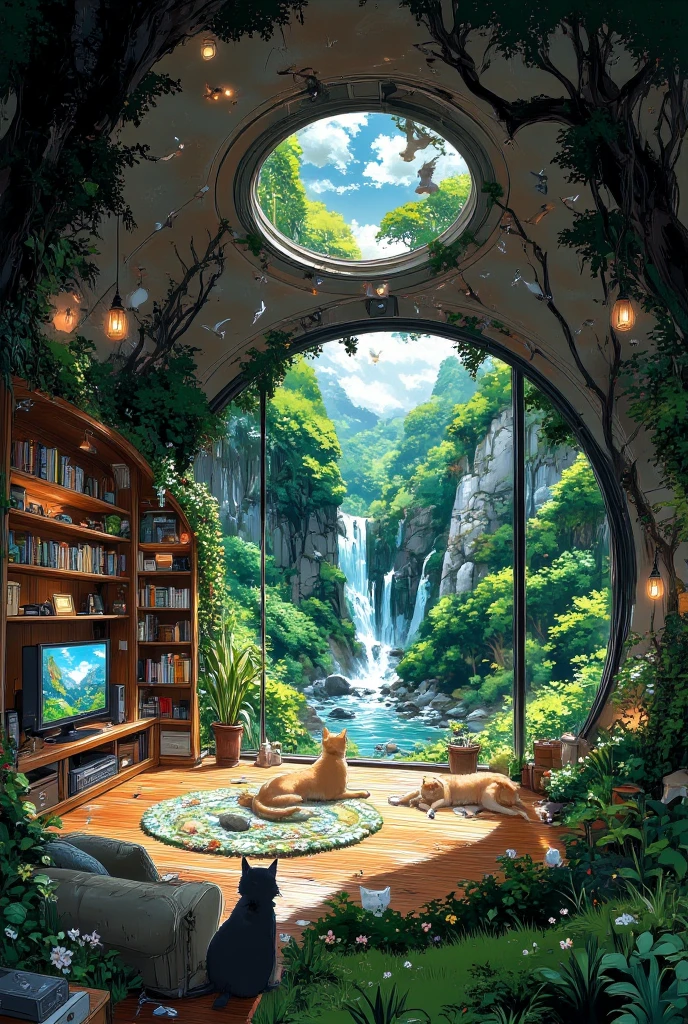 A breathtaking wide-angle interior view of an enormous dome-shaped room. Closed room with large glass windown and roof. (Inside the room: In one cozy corner, there's a modern entertainment setup with a TV, computer, and game console on sleek shelves, The rest of the room transforms into a natural oasis: lush greenery with tall indoor trees, a gently flowing clear stream cutting through the space, soft mossy ground, and sunlight pouring in from a large circular skylight at the top of the dome.) Domestic animals like cats and dogs relax peacefully, while birds flutter near the dome’s structure or perch on branches. The atmosphere blends modern comfort and serene nature in perfect harmony — ultra-detailed, cinematic lighting, fantasy-realistic style
