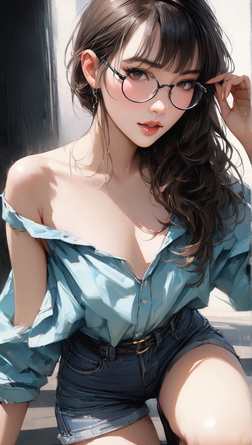 There is a woman who is taking a selfie in a room, 18 years old, front photo, bra, big breast, short hair . realistic face.ultra realistic