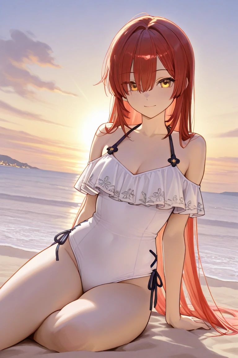 (One Girl)、Flat Color、Red color hair、long hair、Hair between the eyes、Big Breasts、Huge breasts、Blue Eyes、Bikini white swimsuit、Sexy Swimwear、Sexy pose、Smiling、On all fours、Angle from below、Watching the audience、