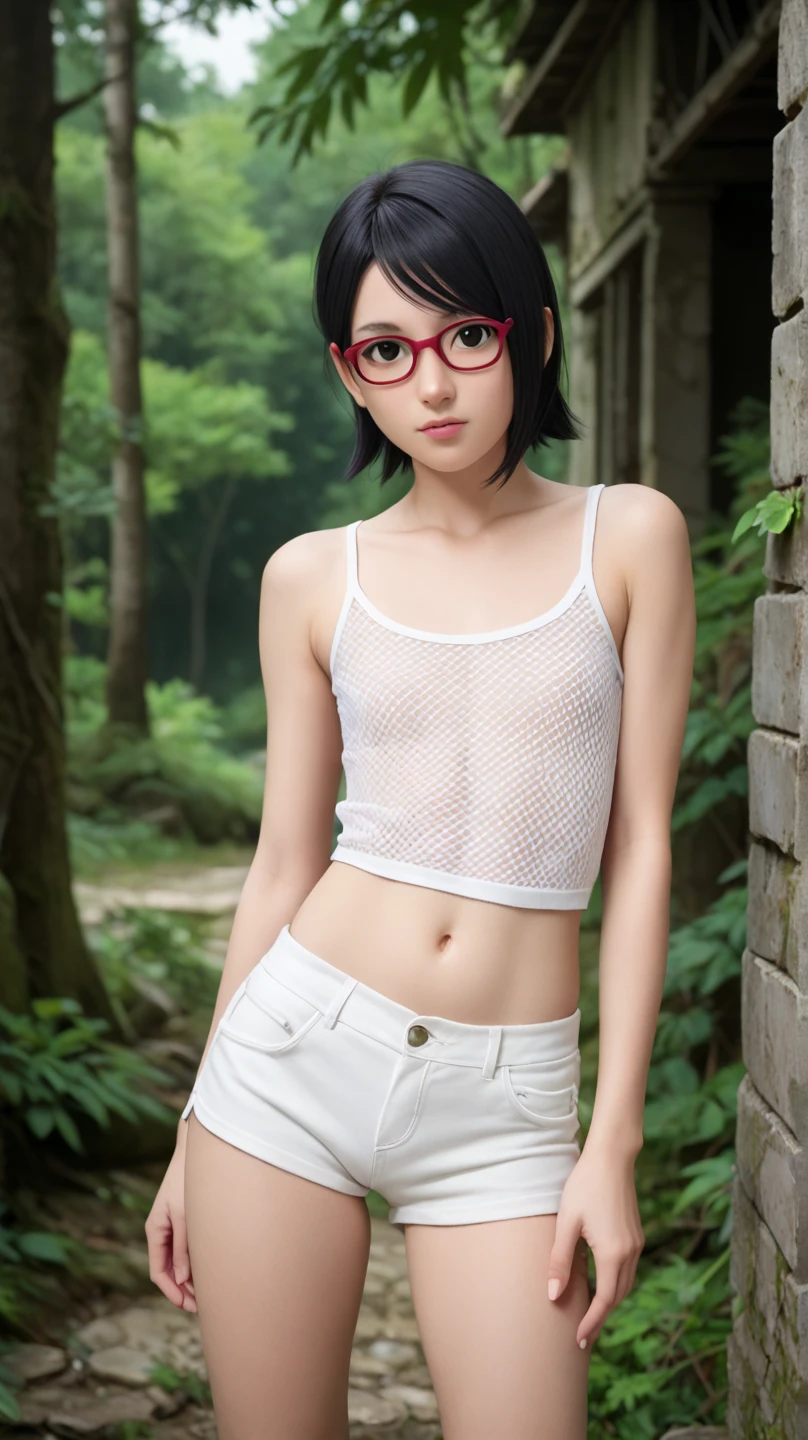 Sarada, armpit, short pants, Sleeveless shirt, Glasses, Jungle, Clothes slightly open, Small breast, (( masterpiece, good quality, high quality, detailed quality, best quality))