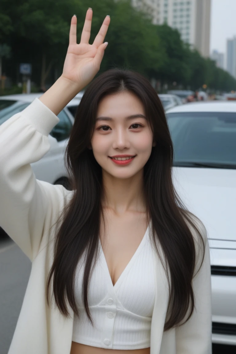 ((Midnight, Best quality, 8k, Masterpiece :1.3)), Whole body, Long legs, Sharp focus :1.2, A pretty woman with perfect figure :1.4, Slender abs :1.1, ((Dark brown hair, Big breasts :1.2)), (White tight tshirt, Jean bib, Standing:1.2), ((Night city view, Rooftop:1.3)), Highly detailed face and skin texture, Detailed eyes, Double eyelid