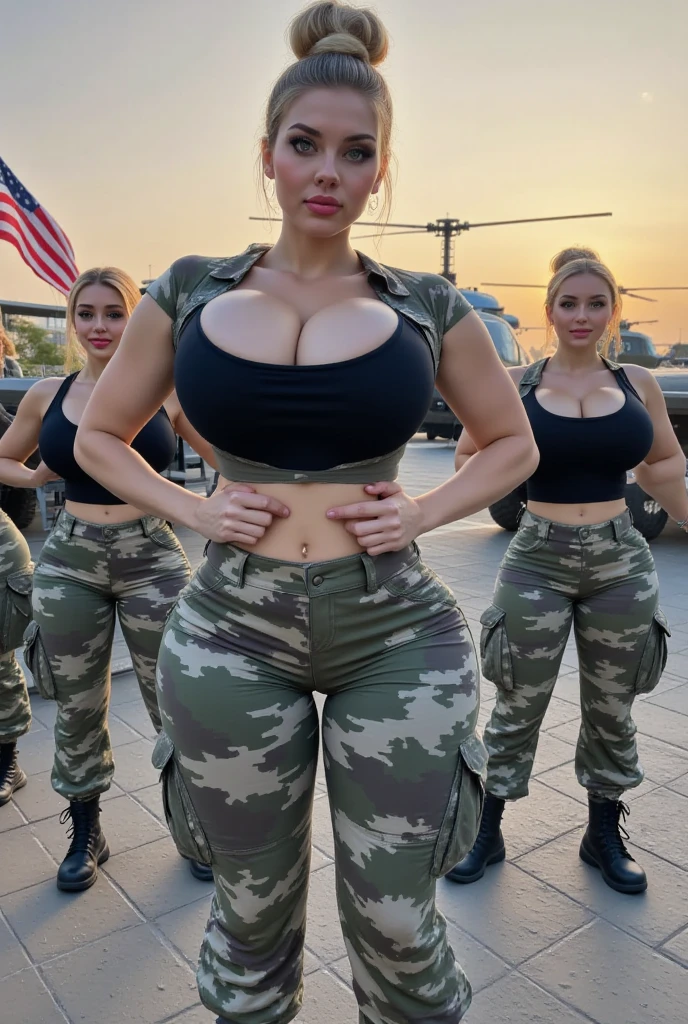 Best Quality, Masterpiece, super high resolution, bimbo, huge breasts, very thick legs , thread thong, three beautiful blonde soldiers standing in a row at attention doing a military salute to the flag of Peru in the middle of a bombing, Military salute at attention. military bikini。 Military helmet 。uniform with Peruvian flag colors。Standing at attention waiting for orders .。Excellent proportional body。military bikini, whole body, makeup, cheek bulge, (realism:1.5)