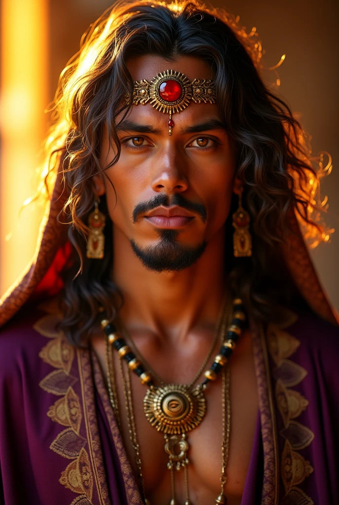 ((best quality)), ((masterpiece)), (detailed), perfect face, Brad Pitt, his face illuminated by a soft, warm glow as if emanating from within, his eyes piercing through the viewer. He is clad in gothic ancient clothes, made of dark, flowing fabrics adorned with intricate gold embroidery and jewels, revealing his toned physique. His skin has an ethereal quality, seemingly translucent in the dim light, and his long, dark hair falls in loose waves around his face, framing it elegantly. The background is shrouded in darkness, adding to the mysterious and otherworldly atmosphere. The lighting casts long shadows across his body, emphasizing his defined features and powerful presence. The overall impression is that of an ancient god, a darkness god, a being who has existed for millennia and has watched humanity rise and fall through the ages.