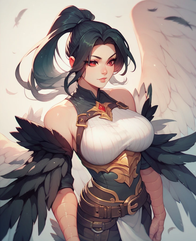 Harpy the Young Owl Gothic Black Costume Belt on torso Japanese anime hand drawn illustration whole body Character portrait Estrus Nipples nipple nipple Dark Skin serious My chest is shaking Bouncing breasts