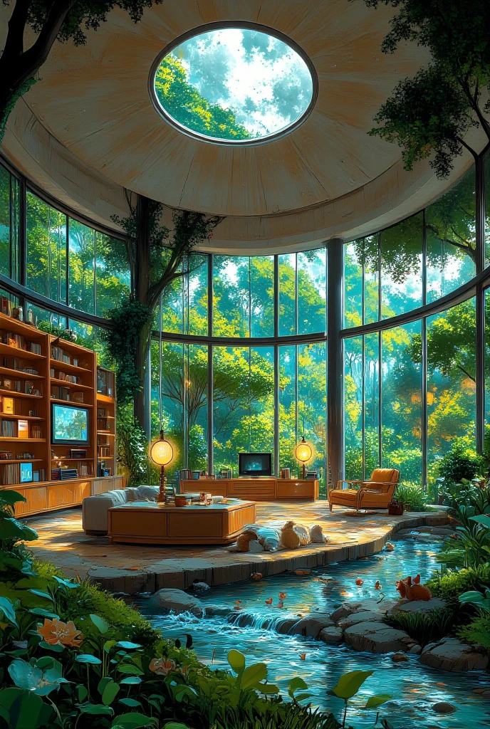 A breathtaking wide-angle interior view of an enormous dome-shaped room. Closed room with large glass windown and roof. (Inside the room: In one cozy corner, there's a modern entertainment setup with a TV, computer, and game console on sleek shelves, The rest of the room transforms into a natural oasis: lush greenery with tall indoor trees, a gently flowing clear stream cutting through the space, soft mossy ground, and sunlight pouring in from a large circular skylight at the top of the dome.) Domestic animals like cats and dogs relax peacefully, while birds flutter near the dome’s structure or perch on branches. The atmosphere blends modern comfort and serene nature in perfect harmony — ultra-detailed, cinematic lighting, fantasy-realistic style
