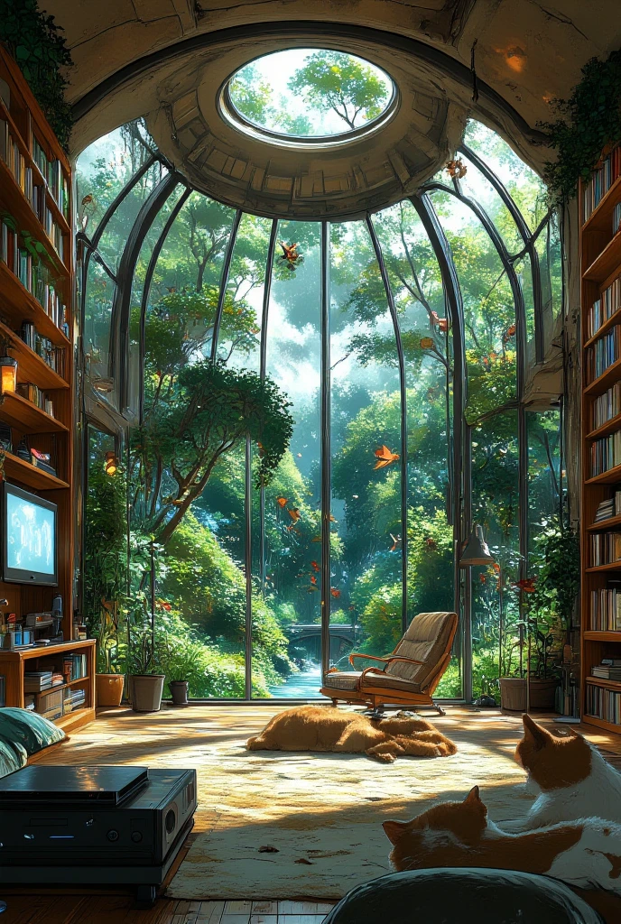 A breathtaking wide-angle interior view of an enormous dome-shaped room. Closed room with large glass windown and roof. (Inside the room: In one cozy corner, there's a modern entertainment setup with a TV, computer, and game console on sleek shelves, The rest of the room transforms into a natural oasis: lush greenery with tall indoor trees, a gently flowing clear stream cutting through the space, soft mossy ground, and sunlight pouring in from a large circular skylight at the top of the dome.) Domestic animals like cats and dogs relax peacefully, while birds flutter near the dome’s structure or perch on branches. The atmosphere blends modern comfort and serene nature in perfect harmony — ultra-detailed, cinematic lighting, fantasy-realistic style