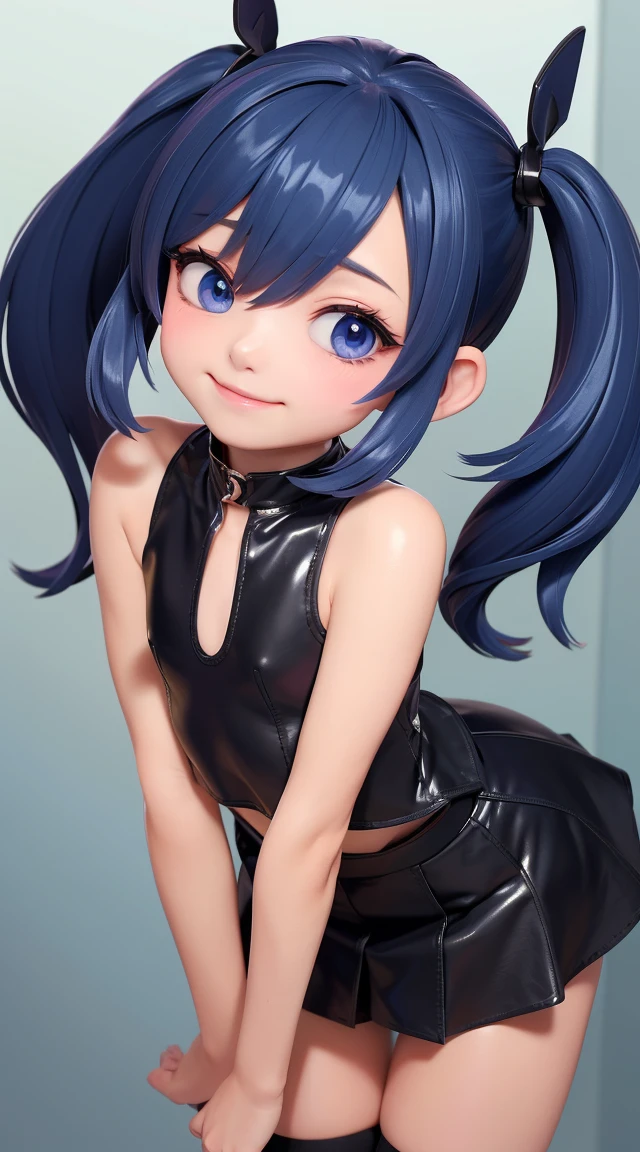 (masterpiece:1.3), (Best Quality:1.3), (Ultra-detailed:1.2), ((kawaii)), Cute, (lovely), ((sexy)), ((Extremely detailed)), 4K, (8K), Best Quality, (Beautiful), Illustration, anime style, (bold line:1.2), Gradation, looking at viewer, //, (bent down:1.1), (arms behind back), //, a cute girl, 1girl, (solo:1.2), gleaming skin, //, (flat chested), (Perfect eyes:1.2), (Perfect iris:1.2), //, darkblue hair color, (beautiful eyes) //, (half closed eyes:1.3), (sexual expression:1.2), Fascinated expression, smile, (blush:1.2), //, modern city background, on rock, twin tails, muscle girl, hard abs, exposed abs, NECKLACE, tight blouse, skirt