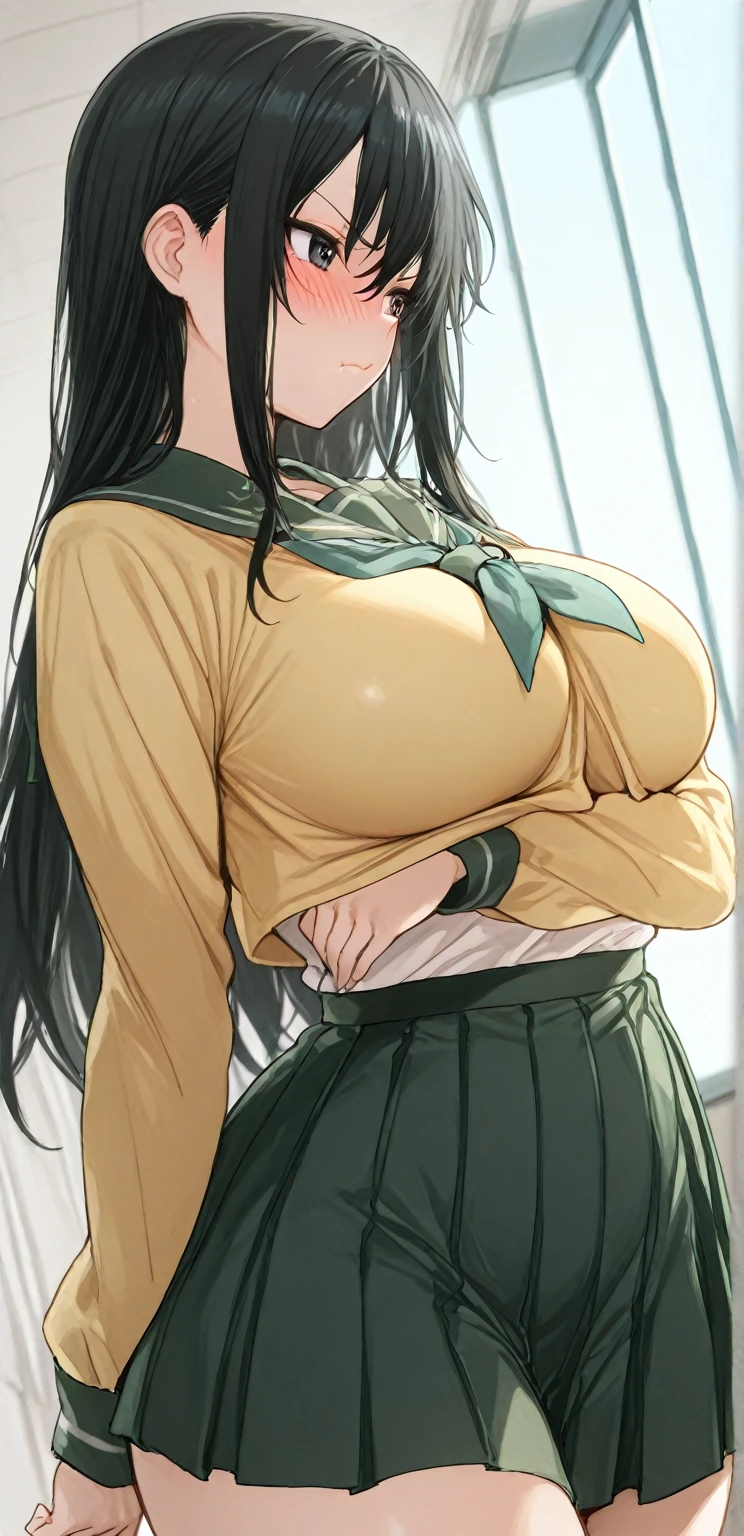 masterpiece, best quality, cinematic, photorealistic, ultra-detailed), (1girl, female Japanese student), (wide shot, from the front:1.4), (wearing a Green and white checkered blouse and skirt:1.5), (natural black hair, Double braids with small blue streaks:1.2), perfect hands, perfect face, (tall height, wide hips, long round legs, sexy legs, round ass), (large cleavage, massive natural soft tits), (hazel eyes, soft and shimmery eyeshadows, detailed pupils, defined eyelashes), (blushing, slightly parted lips, nude pink lips:1.2), (gradient background:1.3), (bent hips)